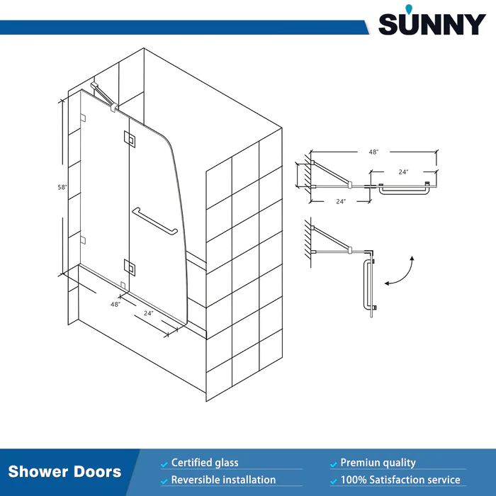 Sunny Bathtub Pivot Door Frameless Hinged Tub Door 48" W x 58" H - Satin Showers