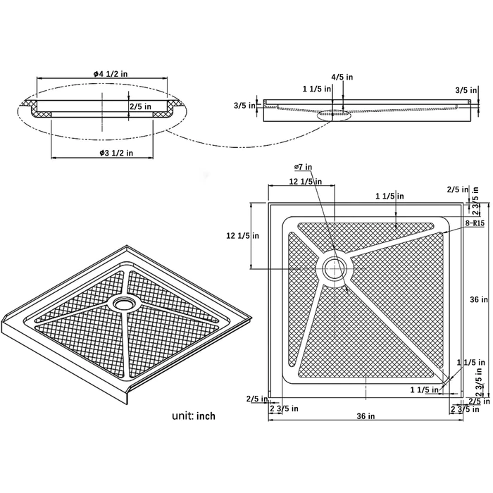 SUNNY SHOWER Acrylic Shower Base for 36 x 36 Shower Enclosure Corner Shower Drain Included, 36" x 36" x 3" Shower Tray Base, White Color - Satin Showers