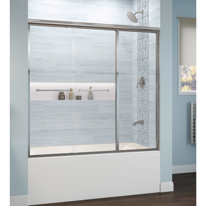 Basco Infinity Semi-Frameless 1/4-inch Glass Sliding with Inline Panel Bath Tub Door - Satin Showers