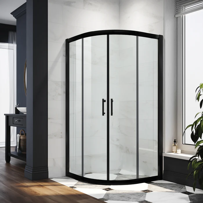 Sunny Corner Shower Enclosure 38" D x 38" W x 72"H Black Sliding Shower Glass Door - Satin Showers