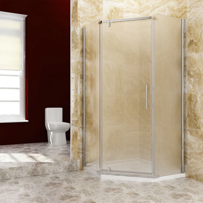 Sunny Neo Angle Frameless Corner Entry Shower Enclosure with Base, Clear ANSI Glass Pivot Shower Doors - Satin Showers