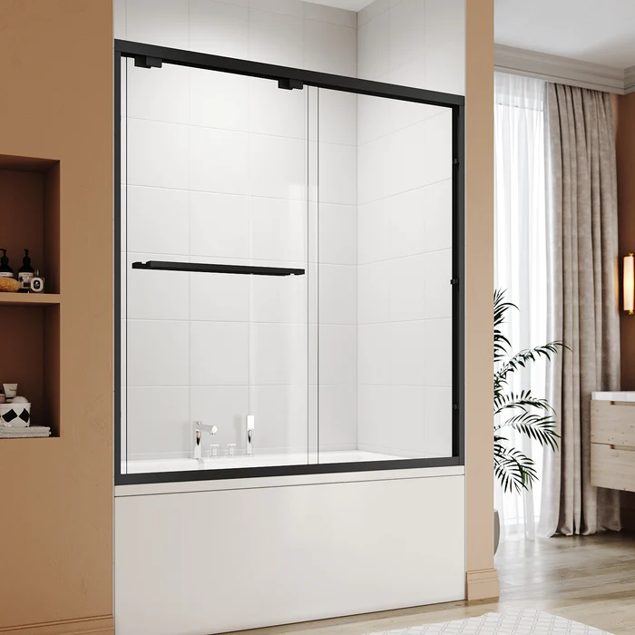 Sunny 58.5-60"W x 62"H Sliding Door Tub Glass Shower Door For Tub, 1/4" Clear Glass Panels 2 Black Hardware Bathtub Shower Enclosure - Satin Showers